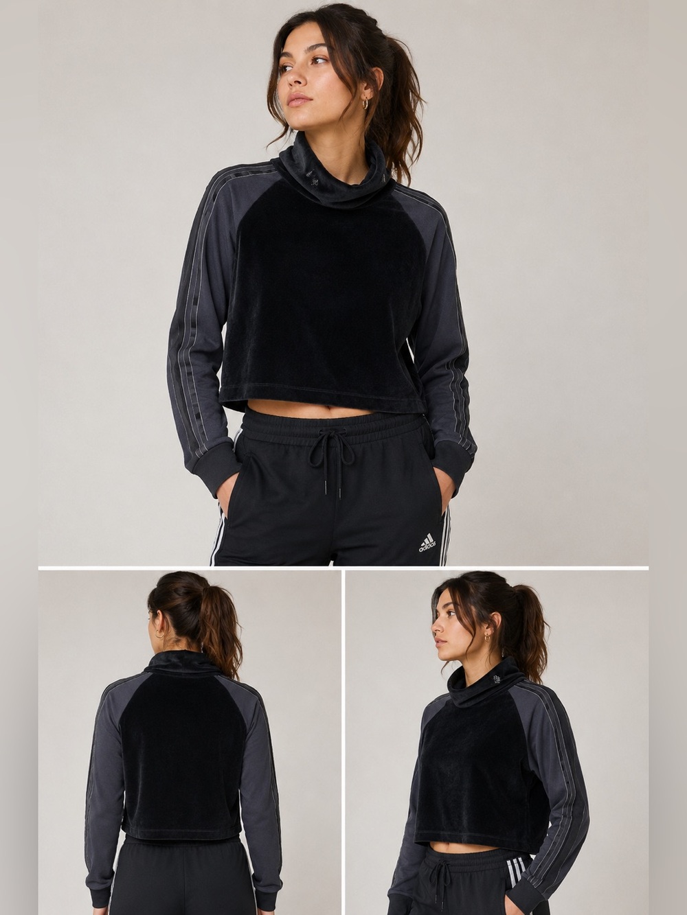 Adidas Women’s Velour Long Sleeve Mock Neck Pullover Sweater Top Charcoal Street